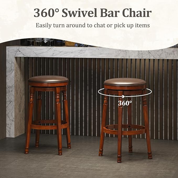 Giantex Swivel Bar Stools Set of 2, 29" Bar Height Bar Stools w/Faux Leather Padded Seat, Footrests, Solid Wooden Frame, Farmhouse Backless Barstools for Kitchen Island, Pub, Dining Room, Cafe