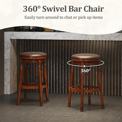 Giantex Swivel Bar Stools Set of 2, 29" Bar Height Bar Stools w/Faux Leather Padded Seat, Footrests, Solid Wooden Frame, Farmhouse Backless Barstools for Kitchen Island, Pub, Dining Room, Cafe