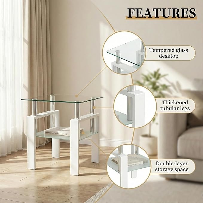 IANIYA Modern Glass Side Table, 2-Tier End Table with Tempered Glass Top & Metal Legs, Night Stand Corner Small Table for Living Room, Bedroom, Small Space White