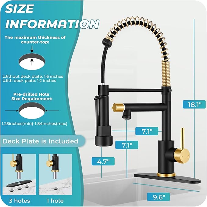 Kitchen Faucet with Pull Down Sprayer - Black & Brushed Gold Single Handle Commercial Kitchen Faucets, 2-Spout Kitchen Sink Faucet, Stainless Steel Spring Pull Out Sink Faucet 1/3 Hole