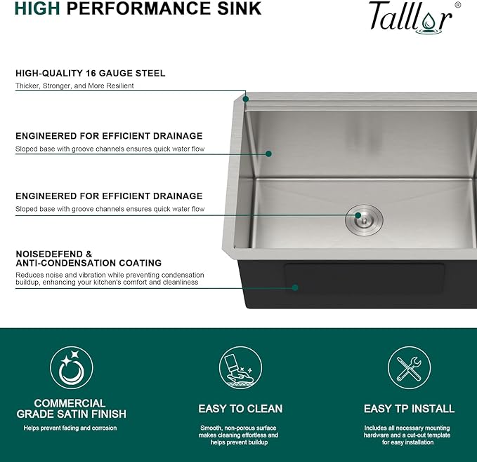 24 Inch Undermount Laundry Sink, 12" Deep 16 Gauge 304 Stainless Steel Utility Single Bowl Kitchen Sink with Workstation Design for Laundry, Kitchen, Garage, and Outdoor #TLU-0023
