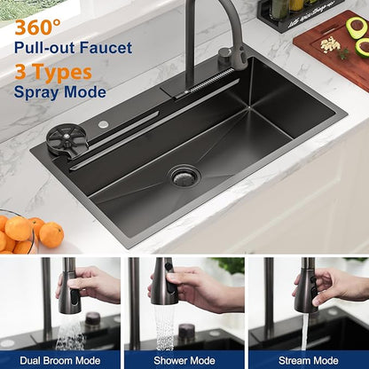 Sarlai Waterfall Kitchen Sink - 33 Inch Drop In Workstation Sink With Waterfall Black Stainless Steel 16 Gauge Multifunction Single Bowl Smart Top Mount Kitchen Sinks with Mechanical Keys 33x19x9 Inch