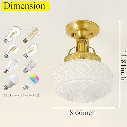 Bofea-Gold Semi Flush Mount Ceiling Light,Brass Vintage Flush Mounted Ceiling Lighting with Milk White Glass Shade, Mid-Century Style Ceiling Light Fixture for Hallway Foyer Loft Bathroom Bedroom. (A)
