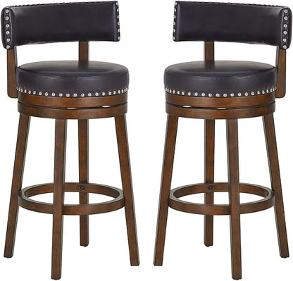 COLAMY Swivel Bar Stools Set of 2, 30 Inch Swivel Bar Height Bar Chairs, Modern Upholstered Wood Barstools with Back for Kitchen Island Dining Room, Dark Brown