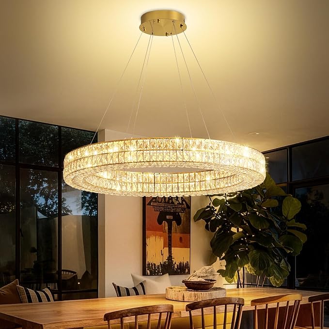 Led 24" Gold Ring Crystal Chandelier, Modern Dimmable Chandeliers Lighting and Hanging Adjustable, LED Round Ceiling Light Fixtures for Dining Room Living Room