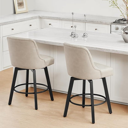 KISLOT Swivel Counter Height Bar Stools Set of 4, 26" Upholstered Faux Leather Barstools with Back,Thick Seat and Square Solid Wood Legs for Kitchen Island Home Bar, Beige
