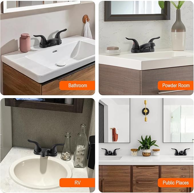 Bathroom Sink Faucets 2/3 Hole,Matte Black Dual Handles 4 inch Plastic Plating Over Bathroom Faucet with Pop-up Drain and 2 Supply Hoses for Apartment Rvs Sink Vanity