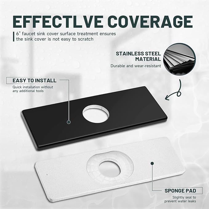 6 Inch Matte Black Sink Hole Cover, Greenspring 4" Hole Cover Deck Plate, Bathroom Faucet Deck Plate, Stainless Steel Square Escutcheon for Bathroom or Kitchen Single Hole Vanity Sink Faucet
