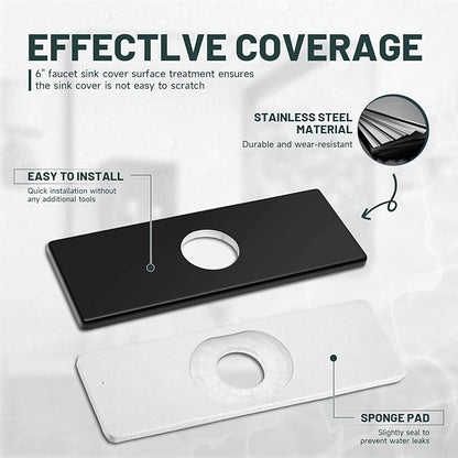 6 Inch Matte Black Sink Hole Cover, Greenspring 4" Hole Cover Deck Plate, Bathroom Faucet Deck Plate, Stainless Steel Square Escutcheon for Bathroom or Kitchen Single Hole Vanity Sink Faucet