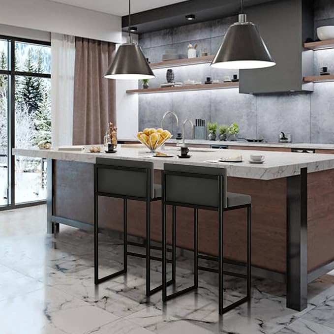 Velvet Stools with Low Back Mid-Century Upholstered Armless Chairs for Kitchen Island Home Pub Grey + Gold Sitting Height 65cm (Black + Black 29.5in)