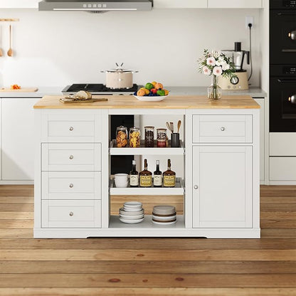 RoyalCraft 59'' Inch Kitchen Island with Storage and Drop Leaf, Island Table for Kitchen, Coffee Station Cabinet with Rubber Wood Top, Pull-Out Trays, Drawers, Adjustable Shelf, Power Outlet, White