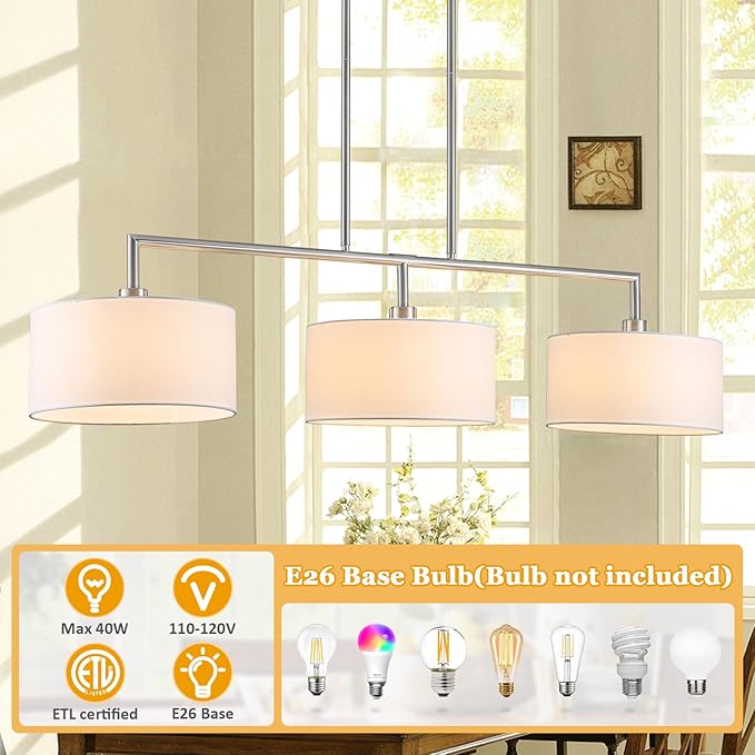 47" Linear Kitchen Island Lighting 3-Light Brushed Nickel Chandelier with White Fabric Drum Shade Adjustable Hanging Pendant Light for Dining Room Light Fixtures Over Table,Kitchen,Bar,Living Room,E26