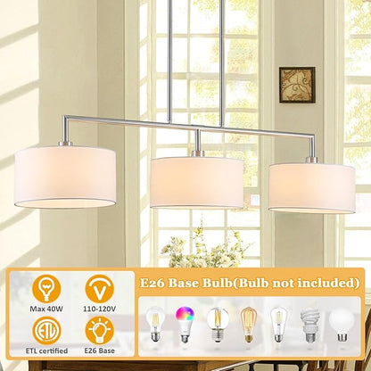 47" Linear Kitchen Island Lighting 3-Light Brushed Nickel Chandelier with White Fabric Drum Shade Adjustable Hanging Pendant Light for Dining Room Light Fixtures Over Table,Kitchen,Bar,Living Room,E26