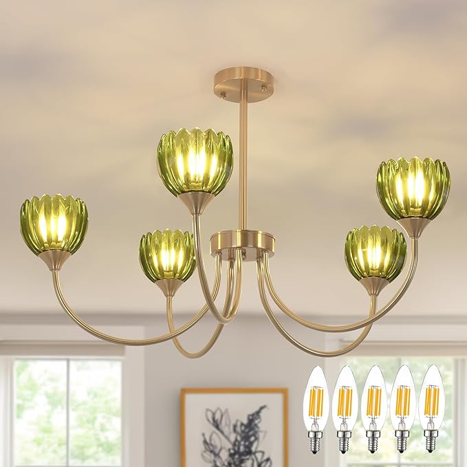 Shenmoyl 30.31" Brass Gold Chandelier, 5-Light Chandelier Light with Green Tulip Glass Lampshade, Height Adjustable Vintage Chandeliers for Dining Room Living Room Kitchen Island