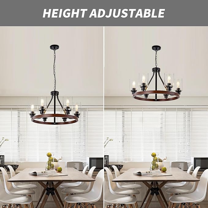Lanhall 6-Light Farmhose Chandelier for Dining Room Light Fixture Faux Wood Kitchen Pendant Light Round Rustic Ceiling Hanging Lighting with Glass Globes Adjustable Height Metal E26