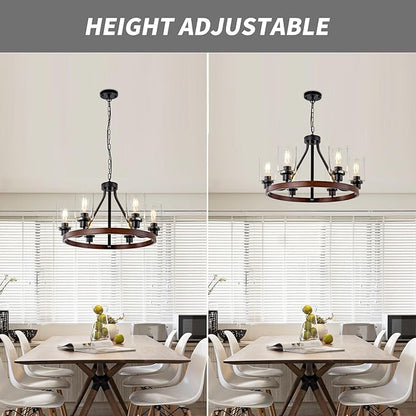 Lanhall 6-Light Farmhose Chandelier for Dining Room Light Fixture Faux Wood Kitchen Pendant Light Round Rustic Ceiling Hanging Lighting with Glass Globes Adjustable Height Metal E26
