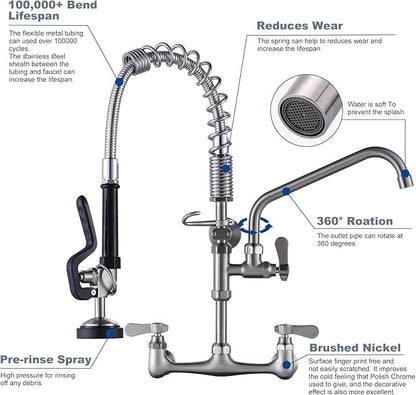 [New Upgrade] Brushed Nickel 21" Height Commercial Kitchen Faucet with Pre-Rinse Sprayer 8 Inch Center Wall Mount Kitchen Sink Faucet with 10" Add-on Swing Spout for 1/2 Compartment Sink