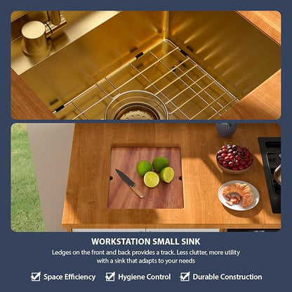 15 Inch Outdoor Undermount Bar Sink With Faucet and Cover - Beslend 15x18x9 Undermount Kitchen Sink Workstation 16 Gauge Stainless Steel Single Bowl Sinks Under Counter Indoor Outdoor Gold
