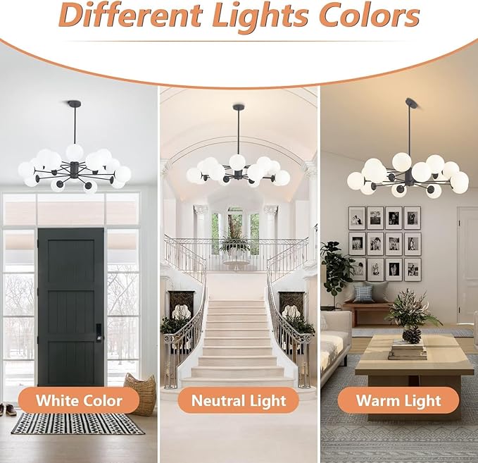 KCO Lighting Modern 16-Light Milk Glass Ball Chandelier Matte Black Globe Sputnik Chandelier Ceiling Mount Mid Century Modern Chandelier Kitchen Island Dining Room Light Fixture (Black+White)