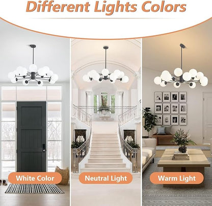KCO Lighting Modern 16-Light Milk Glass Ball Chandelier Matte Black Globe Sputnik Chandelier Ceiling Mount Mid Century Modern Chandelier Kitchen Island Dining Room Light Fixture (Black+White)