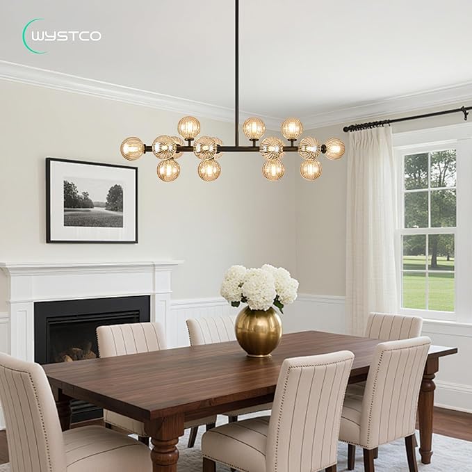 16-Light Globe Sputnik Chandelier, Linear Dining Room Light Fixture Over Table, Mid Century Modern Black Chandeliers for Dining Living Room, Kitchen Island Lighting (Amber Bubble, 40 Inch)
