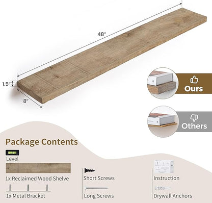 FLYJOE Floating Shelves - 8" Deep Rustic Reclaimed Barnwood Wall Hanging Shelves with Invisible Heavy-Duty Metal Bracket - Wall Mounted - Farmhouse Style - 48 inches, Distressed Natural