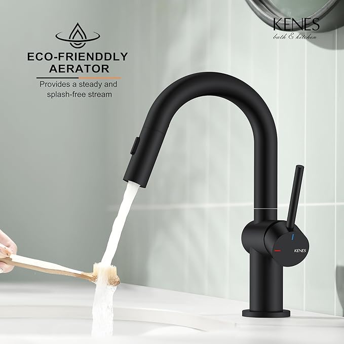 KENES Pull Down Bathroom Faucet with Sprayer, Matte Black Single Handle Bathroom Sink Faucet with Pull Out Sprayer, Vanity Bar Faucet with Pop Up Drain & Deck Plate, KE-9065B-2