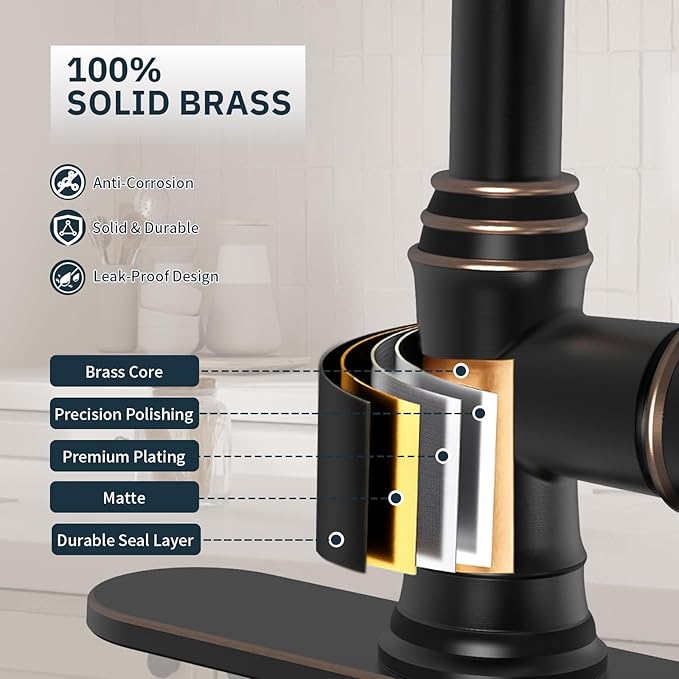 BWE Solid Brass Kitchen Faucet 1 or 3 Hole, Oil Rubbed Bronze Kitchen Sink Faucet with Pull Down Sprayer, Single Handle High Arc Faucet with 3 Mode Spray for RV Farmhouse Bar Kitchen