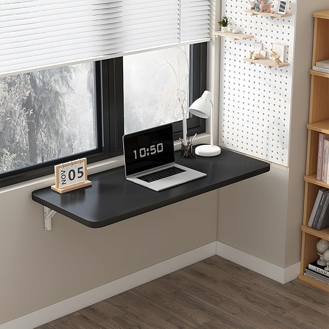 Wall Mounted Folding Table for Laundry Room Piano Baking Paint Waterproof, Wall Mount Table Fold Down Multi Size, Foldable Desk for Kitchens、Handicraft Production、Bars、Sewing Station（Black）