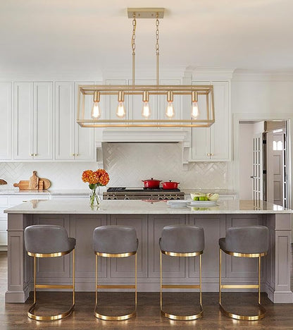 AMZASA Gold Rectangle Kitchen Island Lights Rectangular Modern Industrial Chandelier for Dining Room 5 Lights Linear Vintage Cage Light Fixtures UL Listed