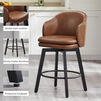 KISLOT Counter Height Barstools 26 inch Upholstered Swivel Bar Stools with Back for Kitchen Island,Set of 2,Brown PU Leather