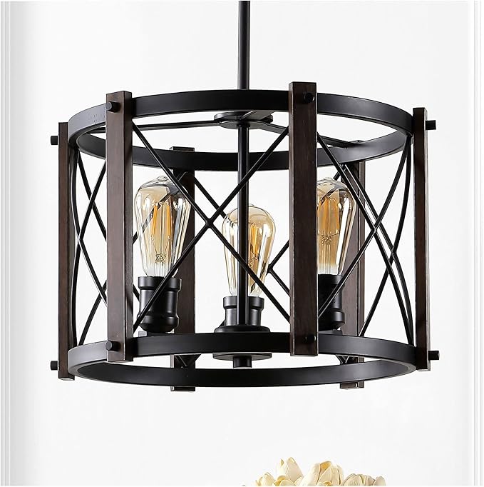 JONATHAN Y 16" Oil Rubbed Bronze 3-Light Farmhouse Drum Pendant Light, Industrial Dimmable LED Chandelier for Kitchen, Iron Metal Basket Shade, Bulbs Included JYL7501A