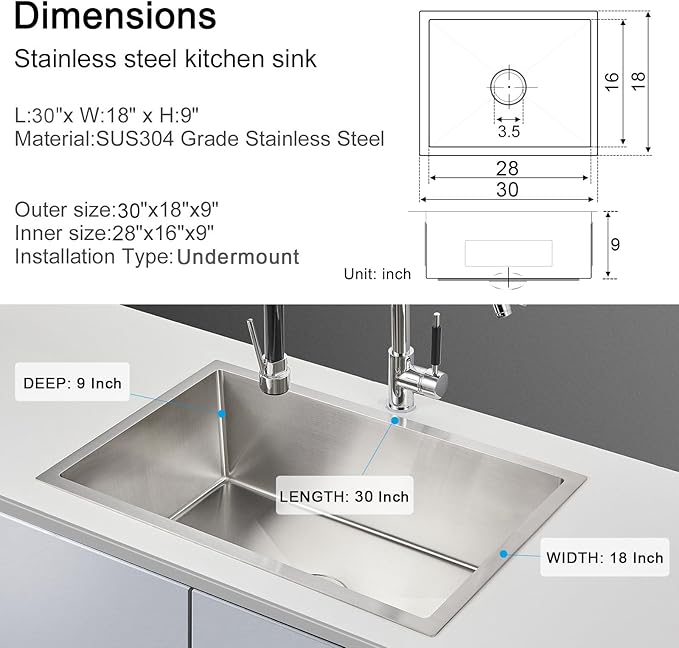 MENATT 28 Inch Undermount Kitchen Sink, 304 Stainless Steel Handmade Large Kitchen Sink, Single Bowl Sink with Drain Kit (Brushed), 28"x18"x9"