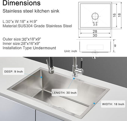 MENATT 28 Inch Undermount Kitchen Sink, 304 Stainless Steel Handmade Large Kitchen Sink, Single Bowl Sink with Drain Kit (Brushed), 28"x18"x9"