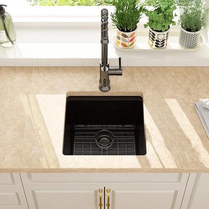 Lordear 18 Inch Black Granite Composite Kitchen Sink Workstation 18x18 Matte Black Undermount Quartz Sinks Under Counter Single Bowl Sink with Black Accessories