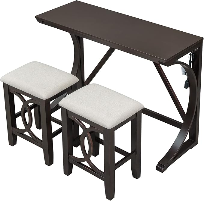 Rustic Dining Table Set, Farmhouse 3-Piece Counter Height Dining Table Set with USB Port and Upholstered Stools for Small Places (Espresso/Farmhouse-A)