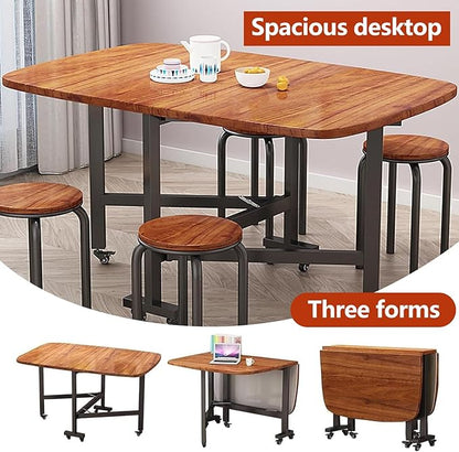 Drop Leaf Kitchen Dining Table with Wheels, Solid Wooden Foldable Kitchen Table, Multifunction Expandable Folding Table for Small Spaces Kitchen, Bedroom, Living Room, Brown, Seats 4-8 People, Stable(