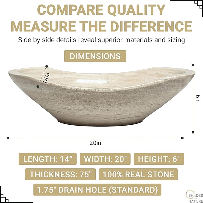 Shades of Nature Oval Travertine Vessel Sink – Natural Stone Wash Basin, Fully Polished Bathroom Sink, Above Counter Vanity Basin (Includes Matching Soap Tray)
