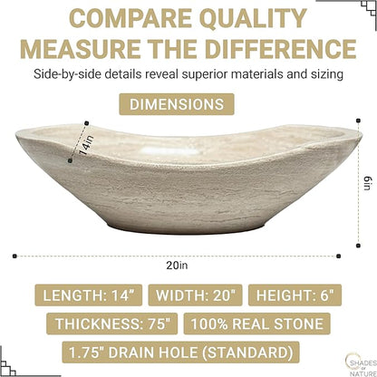 Shades of Nature Oval Travertine Vessel Sink – Natural Stone Wash Basin, Fully Polished Bathroom Sink, Above Counter Vanity Basin (Includes Matching Soap Tray)