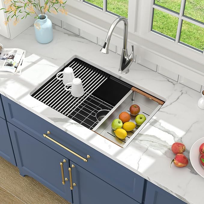 Lordear Undermount Kitchen Sink Composite Granite Sink Quartz Sinks Workstation 28 Inch Black Under Counter Kitchen Sinks 28x19 Inch