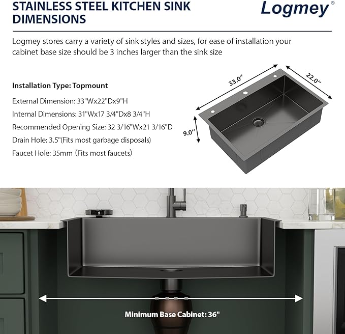 Logmey 33x22 Gun Black Drop in Kitchen Sink with Pull-out Faucet Soap Dispenser 33 Inch 16 Guage Stainless Steel Sinks Single Bowl 9'' Deep Sinks with Cup Washer 33x22x9 LMTB33229-F