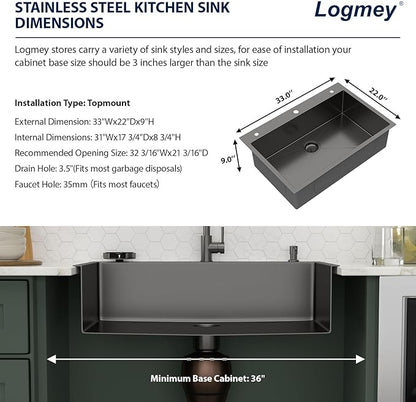 Logmey 33x22 Gun Black Drop in Kitchen Sink with Pull-out Faucet Soap Dispenser 33 Inch 16 Guage Stainless Steel Sinks Single Bowl 9'' Deep Sinks with Cup Washer 33x22x9 LMTB33229-F