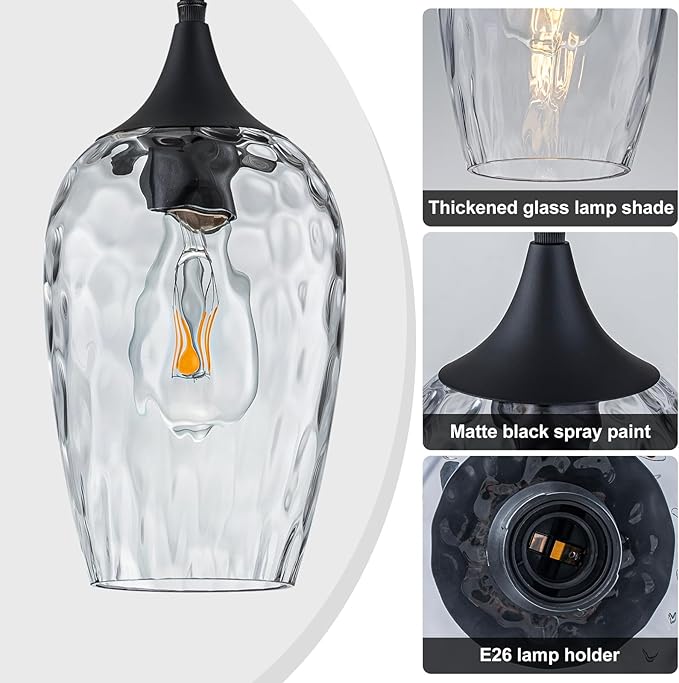 Glass Pendant Lights Kitchen Island 2 Pack, Black Pendant Light Fixtures with Hand-Blown Clear Glass Modem Farmhouse Hanging Light for Kitchen Sink Dining Room Bedroom
