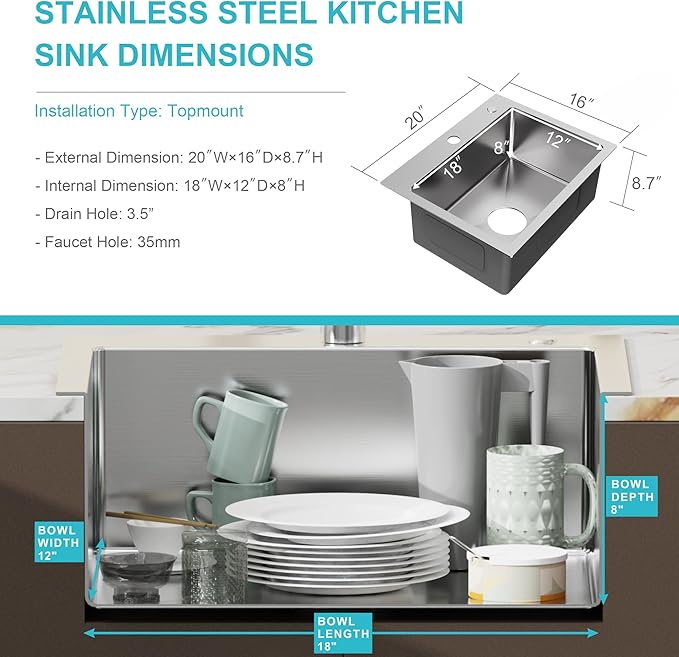 20" x 16" Drop in Kitchen Sink 304 Stainless Steel Single Bowl Topmount Kitchen Sink with Drain Kit and Bottom Grid, Brushed