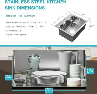 20" x 16" Drop in Kitchen Sink 304 Stainless Steel Single Bowl Topmount Kitchen Sink with Drain Kit and Bottom Grid, Brushed