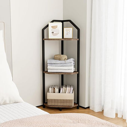 Fun Memories 3 Tier Corner Shelf, 40” Corner Shelf Stand, Corner Bookshelf Plant Stand, Storage Shelf for Bathroom, Living Room, Kitchen,Grey Home Office, Brown