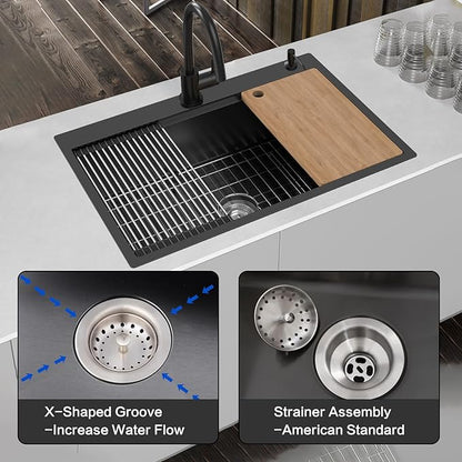 Black Kitchen Sink Workstation, 33x22 Inch Stainless Steel Drop In Kitchen Sink Modern Large Single Bowl Kitchen Sink Gift Combo-SS Grid,Drying Rack,Cutting Board,Soap Dispenser, Drain Strainer Set
