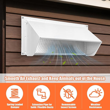 10 Inch Wall Vent Cap for Microwave Kitchen Range Hood Kitchen Vent Wall Cap Exhaust Vent Cover for 3-1/4" x 10" Ductwith Damper and Screen for Range Hood Kitchen Microwave Bath, White