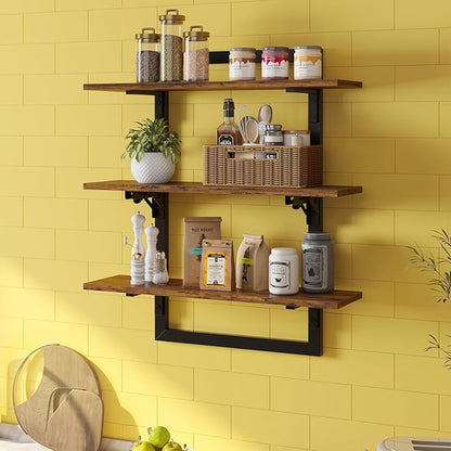 Bestier Floating Shelves for Wall, 24 inch Kitchen Shelves Wall Mounted, 3 Tier Coffee Bar Shelf with Foldable Brackets, Industrial Display Shelf for Bathroom, Living Room, Rustic Brown