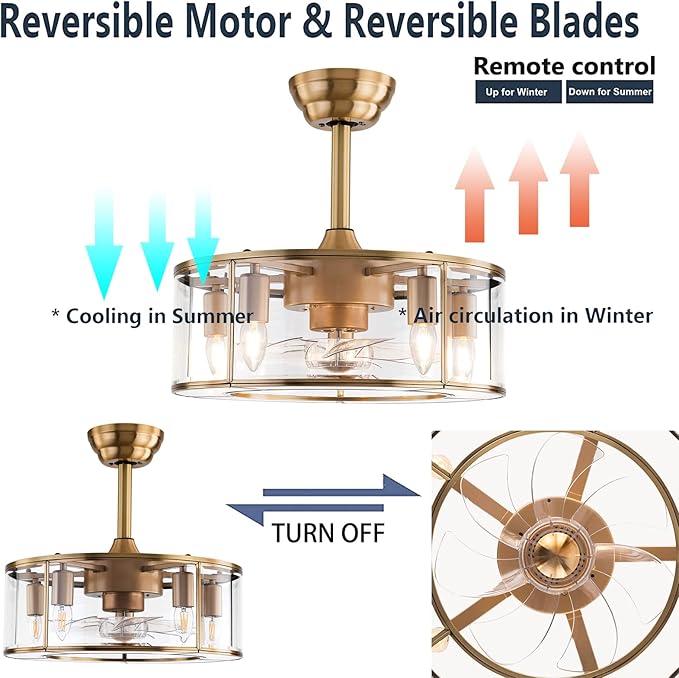 OUKANING Caged Fandelier Ceiling Fan with Light, Golden Ceiling Fans with Remote Control & Noiseless 35db - Farmhouse Rustic Bladeless Ceiling Fans Chandelier Retro Lighting Fixture (glass)